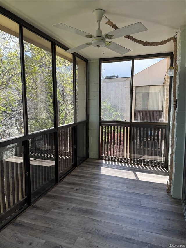 unfurnished sunroom featuring ceiling fan