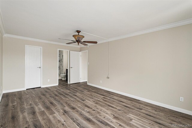 3460 S Poplar St Unit 404, Denver, CO 80224 - unfurnished bedroom featuring crown molding, baseboards, wood finished floors, ensuite bathroom, and a ceiling fan