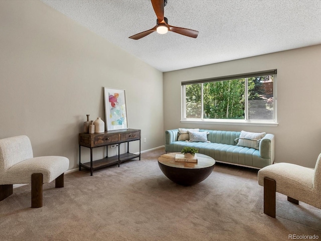2548 Foothills Canyon Ct, Highlands Ranch, CO 80129 - carpeted living room featuring ceiling fan, a textured ceiling, and vaulted ceiling