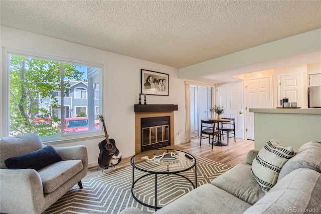 living room with wood-type flooring and a textured ceiling