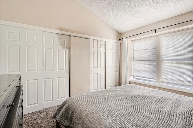 bedroom with a closet, carpet flooring, vaulted ceiling, and a textured ceiling