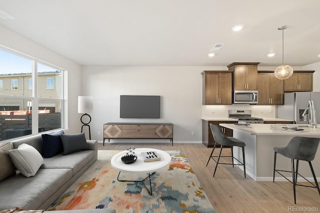 living room with sink and light hardwood / wood-style floors