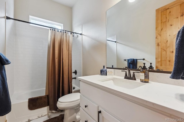 full bathroom featuring vanity, toilet, and shower / tub combo