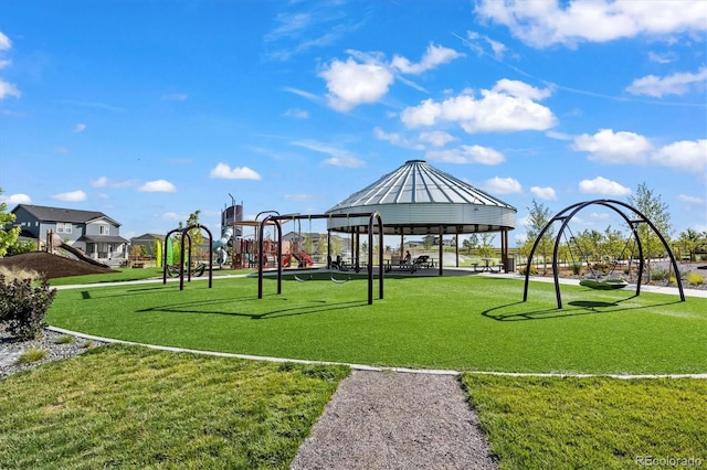 surrounding community with a gazebo, a yard, and a playground