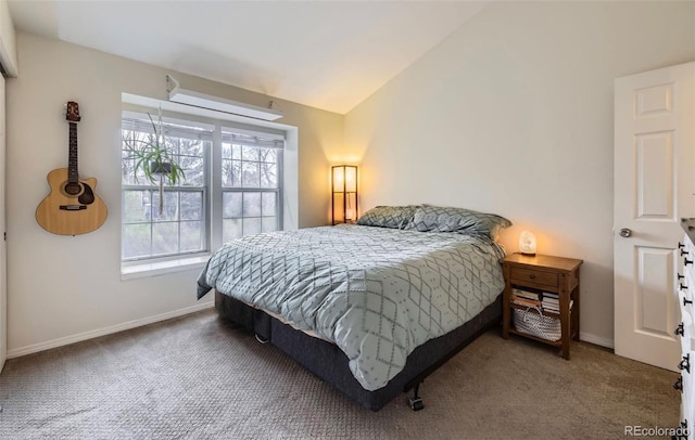 bedroom featuring baseboards, carpet, and vaulted ceiling