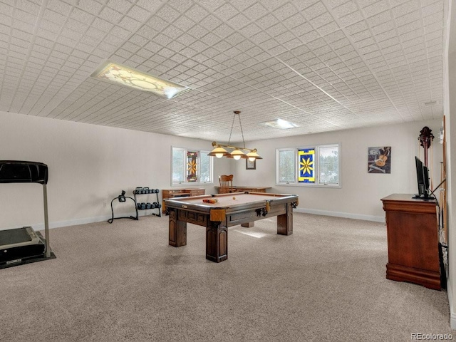 game room with light colored carpet and billiards