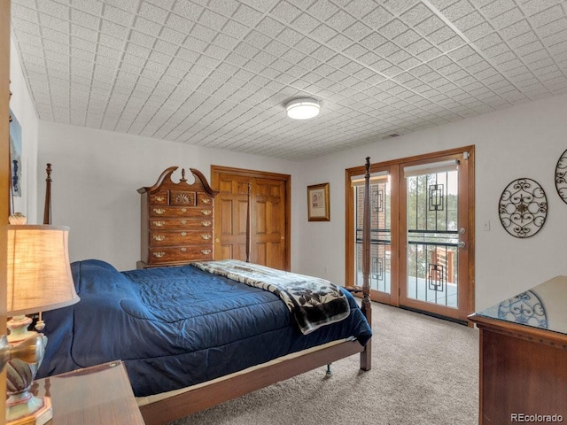 bedroom with access to exterior and carpet