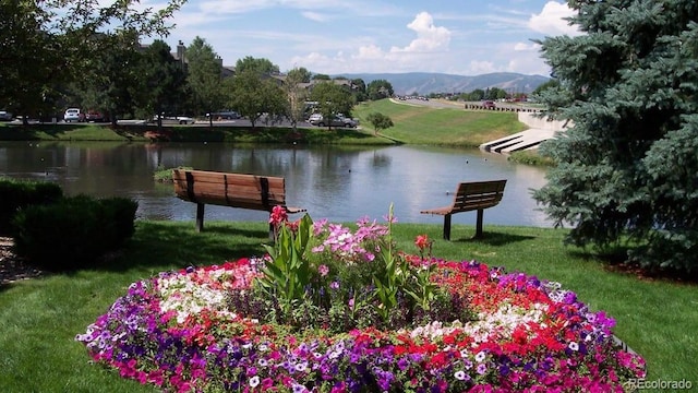 view of home's community featuring a water and mountain view and a lawn