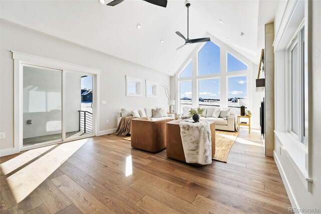 living room with light wood-type flooring, high vaulted ceiling, and ceiling fan