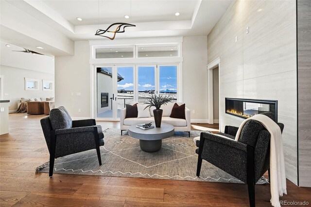 living room with hardwood / wood-style flooring, a fireplace, and a tray ceiling