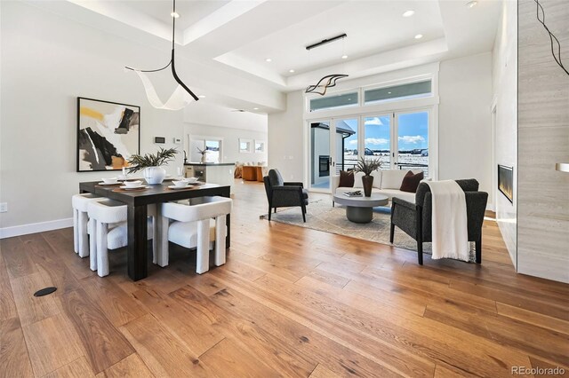 dining space featuring a raised ceiling, french doors, and wood-type flooring