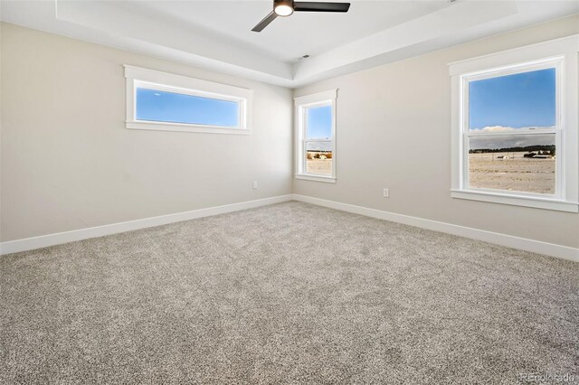 empty room with carpet flooring, ceiling fan, and a raised ceiling