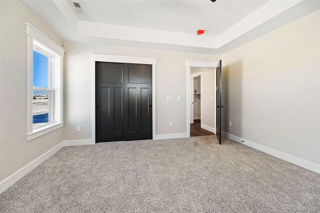 unfurnished bedroom featuring carpet flooring and a raised ceiling