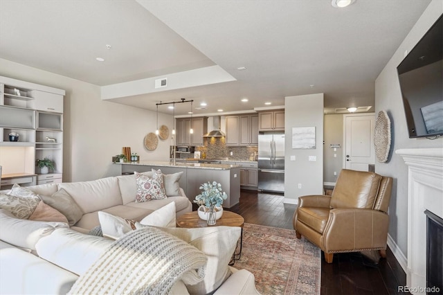 living room with dark wood-type flooring