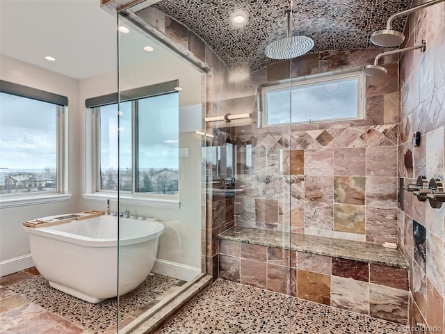 bathroom with shower with separate bathtub