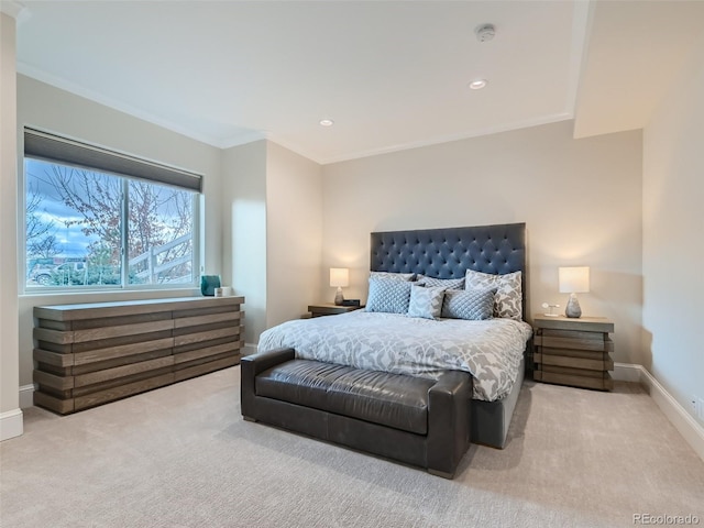 carpeted bedroom featuring ornamental molding