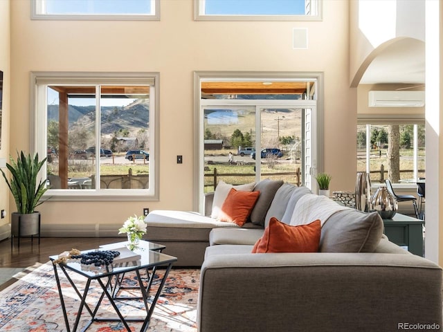4825 6th St, Boulder, CO 80304 - living area with arched walkways, wood finished floors, a mountain view, and a wall mounted AC