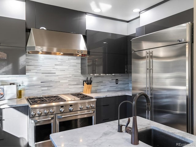 4825 6th St, Boulder, CO 80304 - kitchen featuring modern cabinets, premium appliances, dark cabinets, and wall chimney range hood