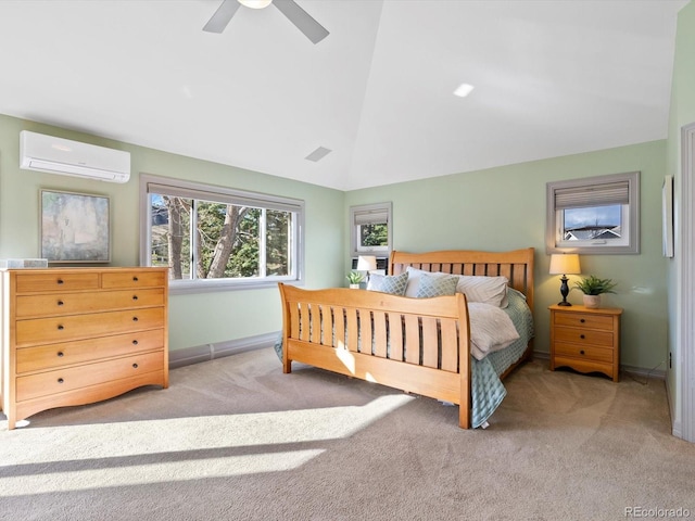 4825 6th St, Boulder, CO 80304 - carpeted bedroom with a wall mounted AC, vaulted ceiling, and a ceiling fan