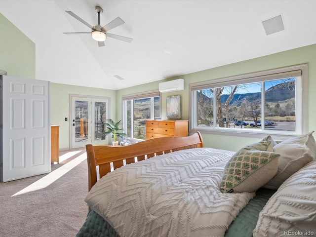 4825 6th St, Boulder, CO 80304 - carpeted bedroom featuring access to outside, a wall mounted air conditioner, high vaulted ceiling, a ceiling fan, and a mountain view