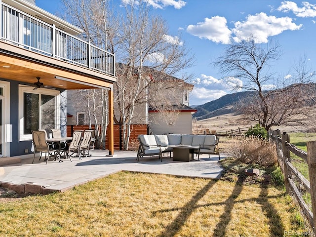 4825 6th St, Boulder, CO 80304 - view of yard with outdoor lounge area, a balcony, a mountain view, a patio, and ceiling fan