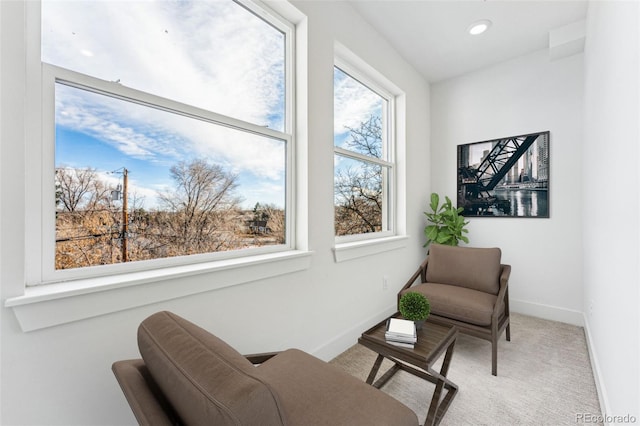 sitting room with light colored carpet