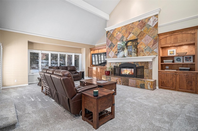 living room featuring high vaulted ceiling, carpet floors, and beamed ceiling