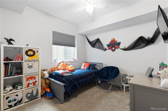 carpeted bedroom with ceiling fan