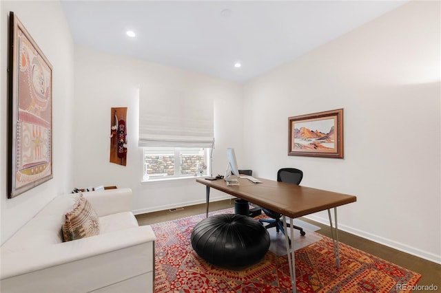 office space featuring visible vents, recessed lighting, dark wood-style floors, and baseboards