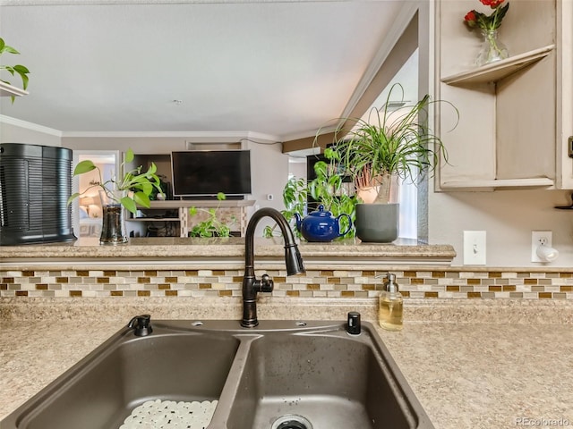 details with ornamental molding, decorative backsplash, and sink