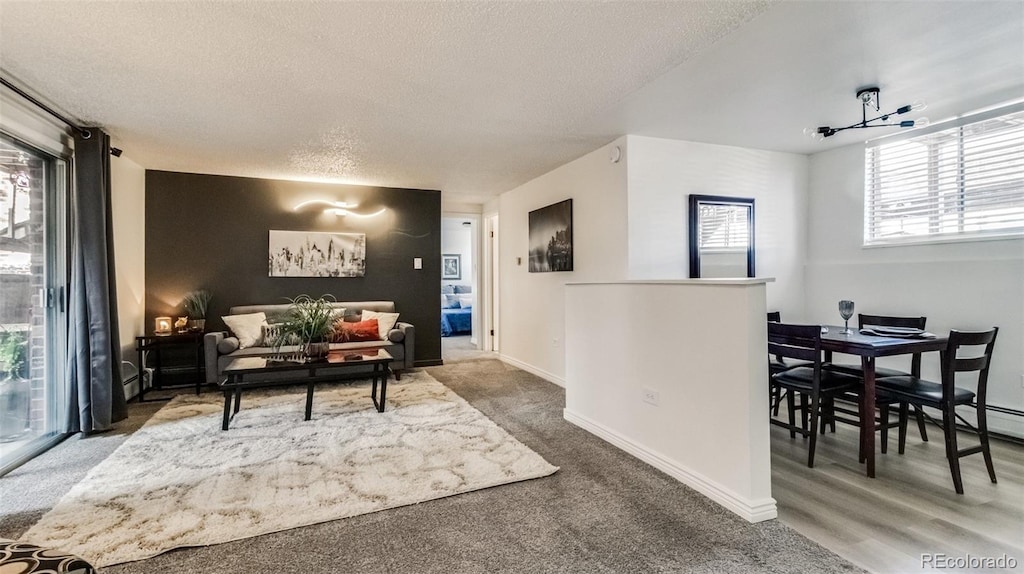 1525 S Holly St Unit 106, Denver, CO 80222 - living room with carpet flooring, baseboards, and a textured ceiling