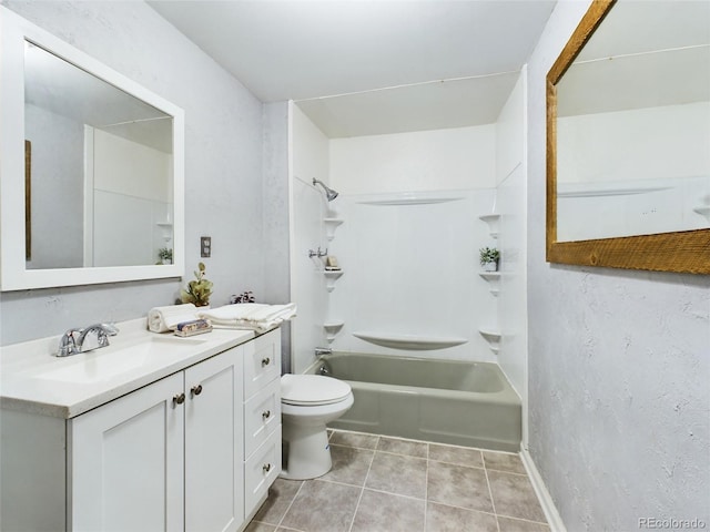 full bathroom with bathing tub / shower combination, tile patterned flooring, vanity, and toilet