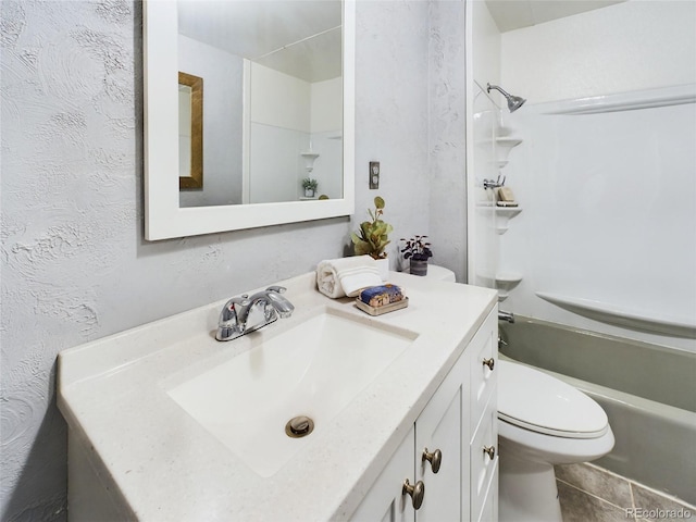 full bathroom featuring bathtub / shower combination, tile patterned floors, vanity, and toilet