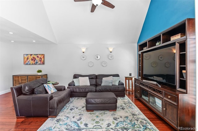 16841 E Hialeah Ave, Centennial, CO 80015 - living room featuring vaulted ceiling, ceiling fan, dark wood-type flooring, and recessed lighting