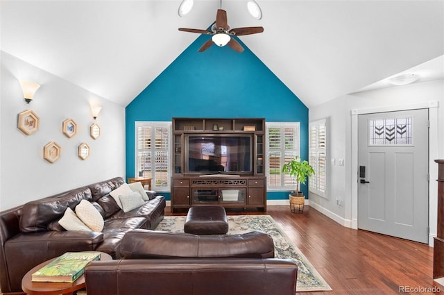 16841 E Hialeah Ave, Centennial, CO 80015 - living room with a ceiling fan, wood finished floors, and high vaulted ceiling