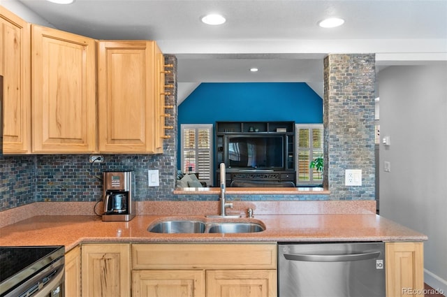 16841 E Hialeah Ave, Centennial, CO 80015 - kitchen with dishwasher, light brown cabinets, backsplash, and recessed lighting