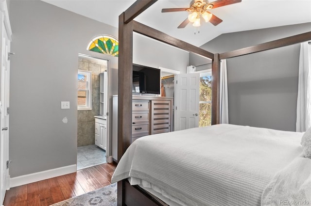 16841 E Hialeah Ave, Centennial, CO 80015 - bedroom with wood-type flooring, lofted ceiling, connected bathroom, and a ceiling fan