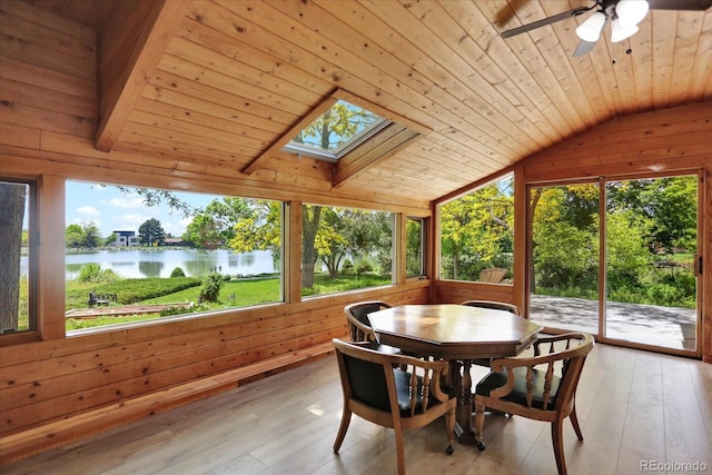 4790 W Lakeridge Rd, Denver, CO 80219 - sunroom / solarium featuring vaulted ceiling, a water view, wood ceiling, a ceiling fan, and outdoor dining space
