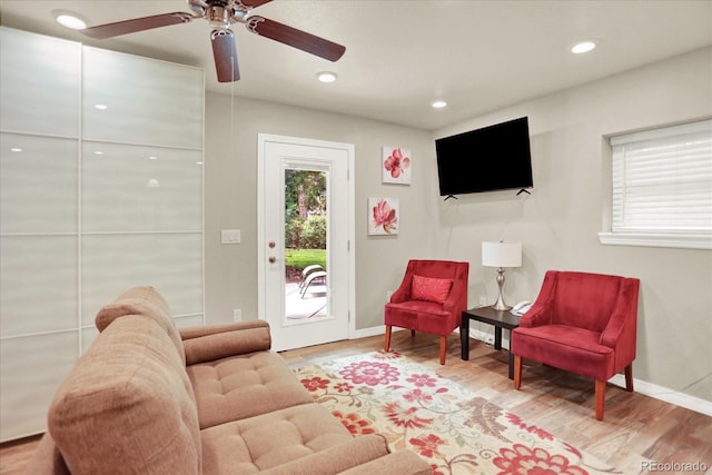 4790 W Lakeridge Rd, Denver, CO 80219 - living area featuring ceiling fan, wood finished floors, baseboards, and recessed lighting