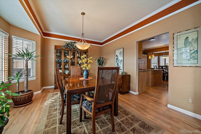 dining area with hardwood / wood-style floors and ornamental molding