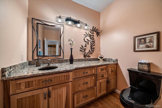 bathroom with vanity, toilet, and hardwood / wood-style floors