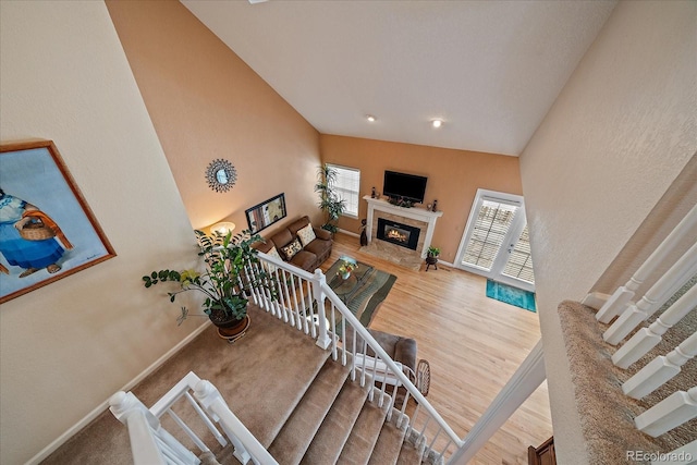 living room with hardwood / wood-style flooring, a fireplace, and vaulted ceiling