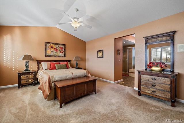 bedroom with ceiling fan, light colored carpet, and vaulted ceiling