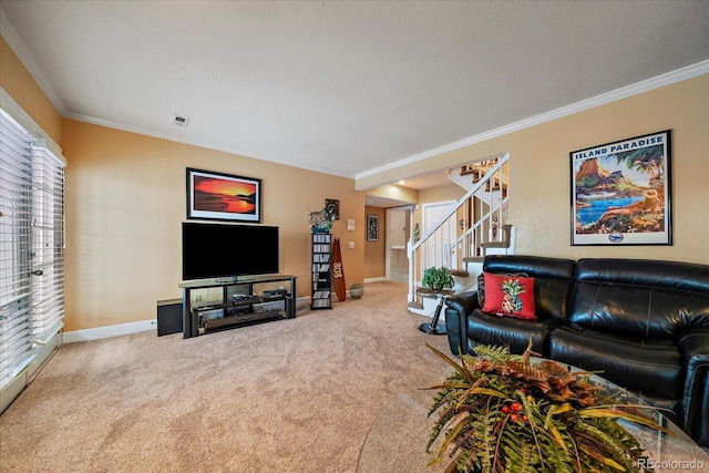 carpeted living room with crown molding