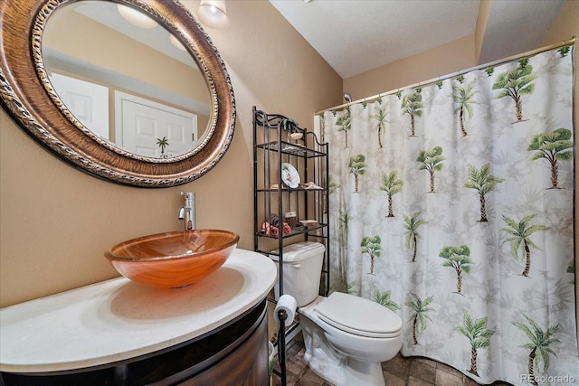 bathroom with vanity, a shower with shower curtain, a textured ceiling, and toilet