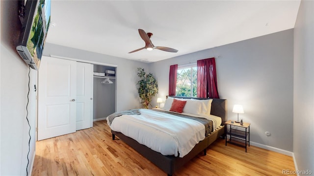 7609 Sherman Pl, Denver, CO 80221 - bedroom featuring light hardwood / wood-style floors, a closet, and ceiling fan