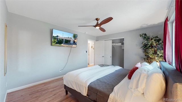 7609 Sherman Pl, Denver, CO 80221 - bedroom with ceiling fan, a closet, and light hardwood / wood-style flooring