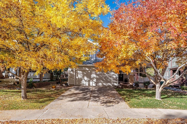 view of property hidden behind natural elements featuring a garage