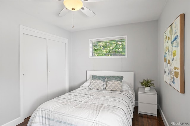 1360 S Hudson St, Denver, CO 80222 - bedroom with dark wood-style flooring, a closet, and a ceiling fan
