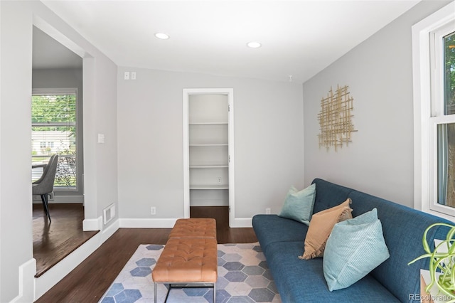 1360 S Hudson St, Denver, CO 80222 - sitting room featuring wood finished floors, built in features, and recessed lighting